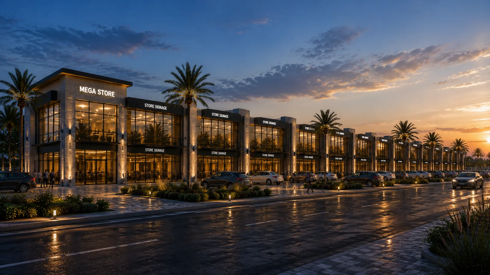 Matajer West architectural visualisation at dusk